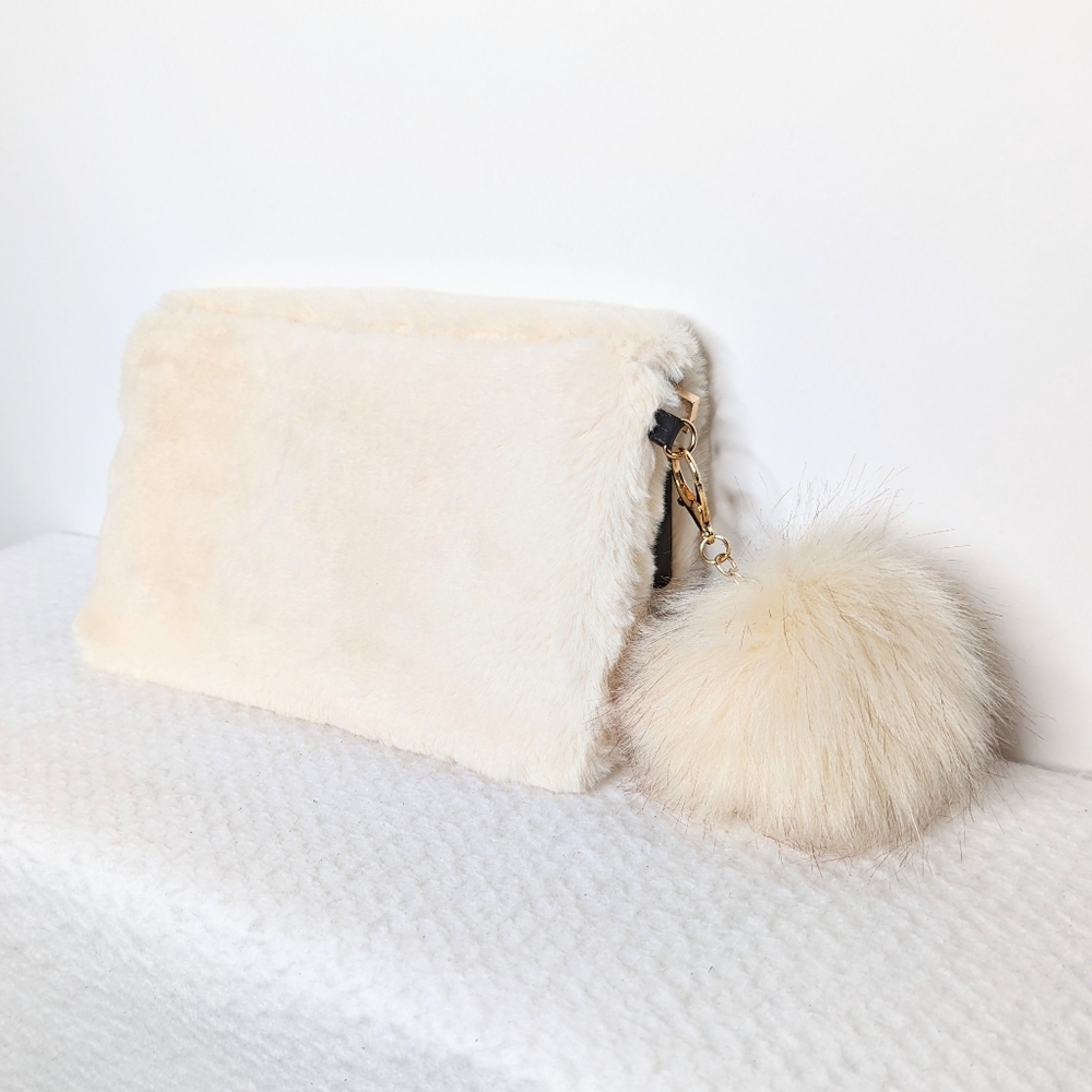 Faux Fur Crossbody Bag With Pom Detachable Gold Crossbody Chain Off White - Picture 6 of 13